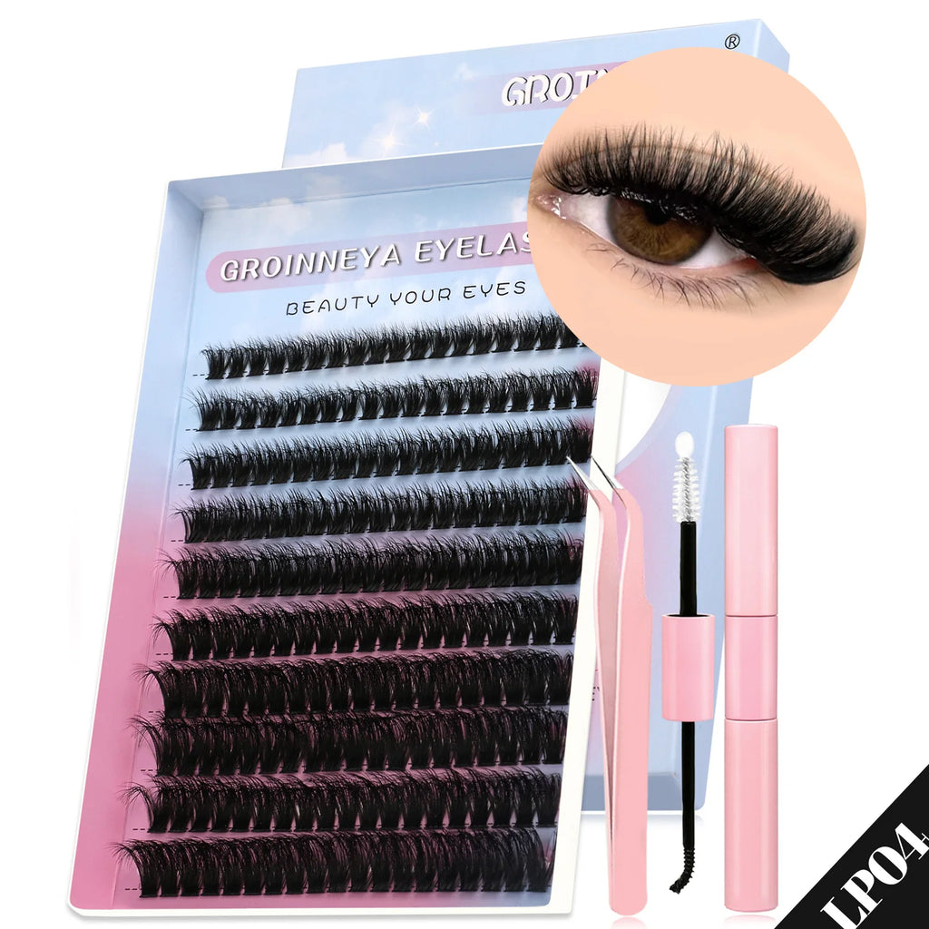 GROINNEYA DIY Lash Clusters Set Mixed Tray Lashes Kit Fluffy Individual Lashes Extension With Lash Bond and Seal Makeup