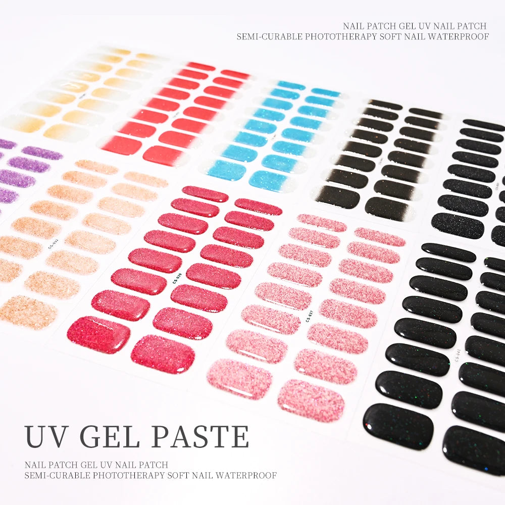 16Tips French Black Semi-Cured Nail Stickers With Glitter Long-Lasting UV Gel Nail Polish Wraps Full Cover Nail Art Decals Patch