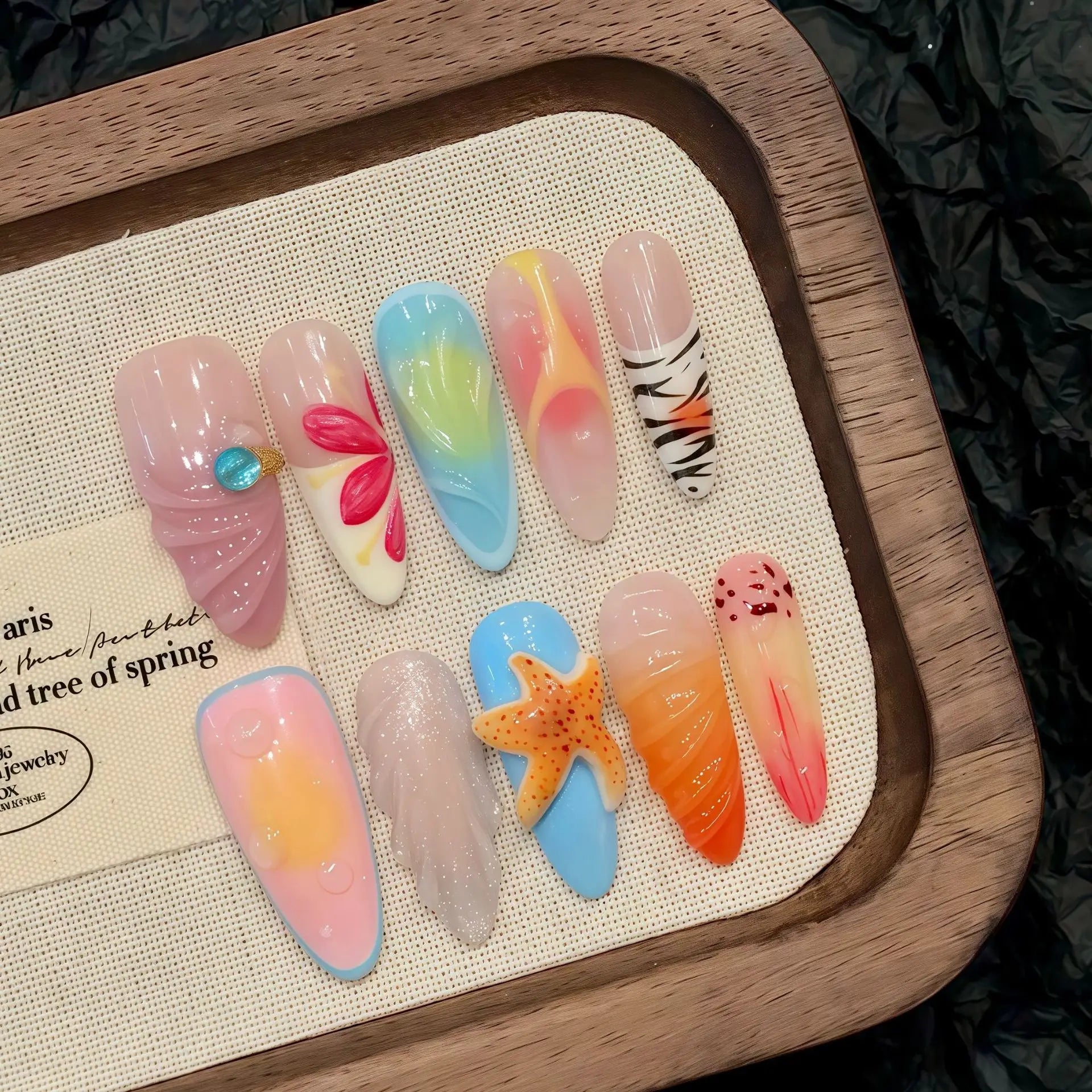 Handmade Press on Nails Ins Sweet Pink Blue Color Fake Nails for Girls Wearable 3D Cherry Love Star Korean Cute False Nail Tips