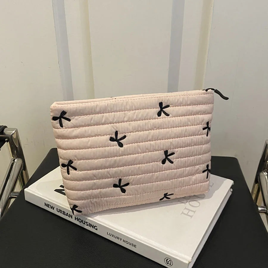 Cute Makeup Bag with Zipper Large Capacity Cosmetic Bag Embroidery Bow Wash Storage Bag
