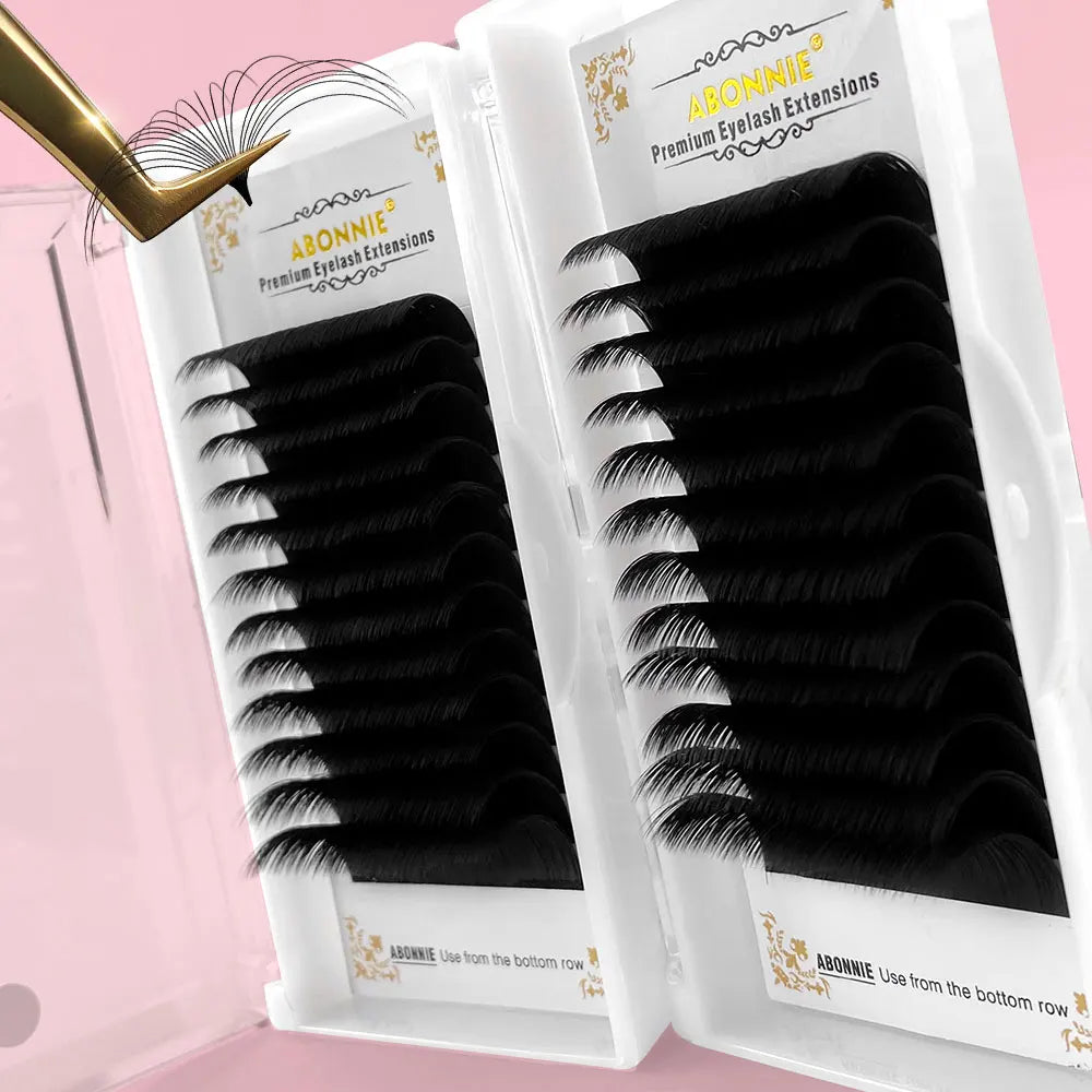 Abonnie 0.03-0.10mm Matte Dark Black Easy Fan Lashes Volume Extension Mega Eyelashes Blooming Fans Eyelash Extension Cilios