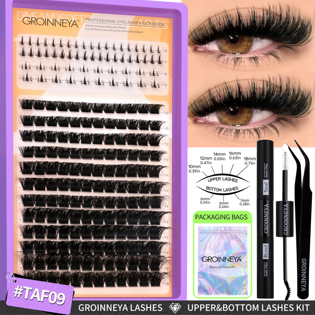 GROINNEYA Lashes Clusters Kit With Lash Bond And Seal And Eyelash Tweezers Waterproof Strong Hold DIY Lash Extension Kit Makeup