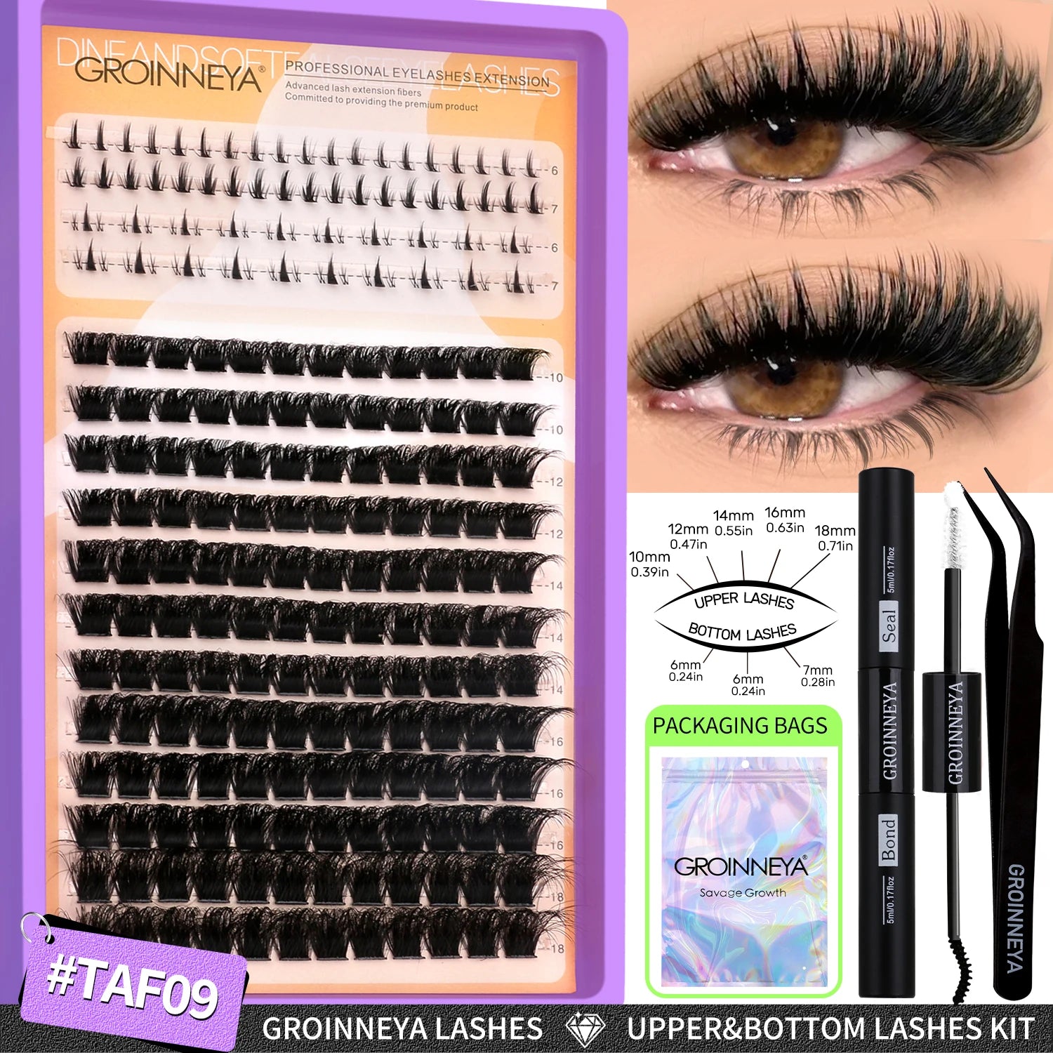 GROINNEYA Lashes Clusters Kit With Lash Bond And Seal And Eyelash Tweezers Waterproof Strong Hold DIY Lash Extension Kit Makeup