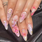 24pcs Tropical Flower Press On Nails Colorful French 3D Crystal Butterfly Shells Pattern Printed False Nails Almond Fake Nail