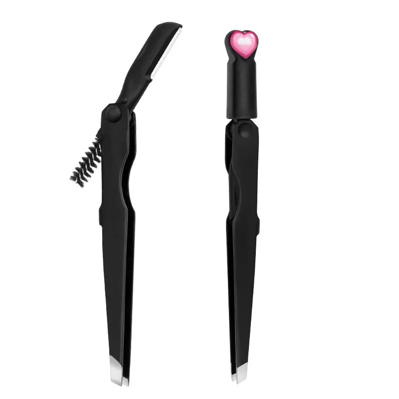 3 In 1 High-precision Eyebrow Tweezers Professional Eyebrow Trimmer with Brush Beard Removal Clips Eyelashe Grafting Tweezer 1pc