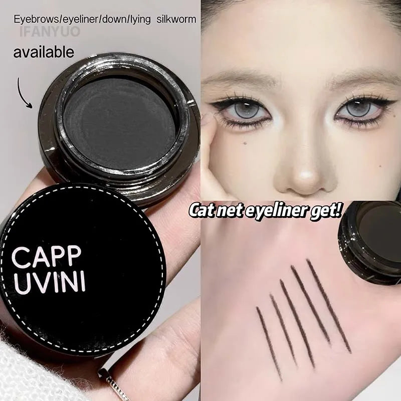 Natural Black Eyeliner Gel Cream with Brush Waterproof Lasting Non Smudging Matte Brown Easy Wear Eyebrow Silkworm 3 in 1 Makeup