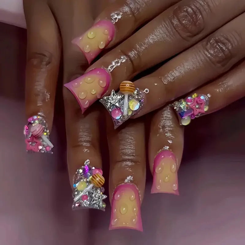 24pcs Short Duck Shaped False Nails Y2k Punk Style Rose Pink Black French Tips Press On Nail Diamond Star Flower Decor Fake Nail