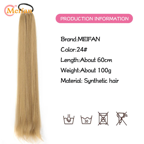MEIFAN 24 Inch Synthetic Ponytail Extensions Black Natural Braided Pony Tail Hairpiece Long Straight Rubber Band Hair For Women
