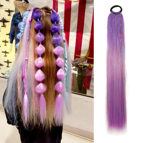 Purple Red Pink Tinsel Ponytail Extension with Elastic Hair Tie Synthetic Braiding Hair For Kids Girls Crazy Hair Day Brave Hair