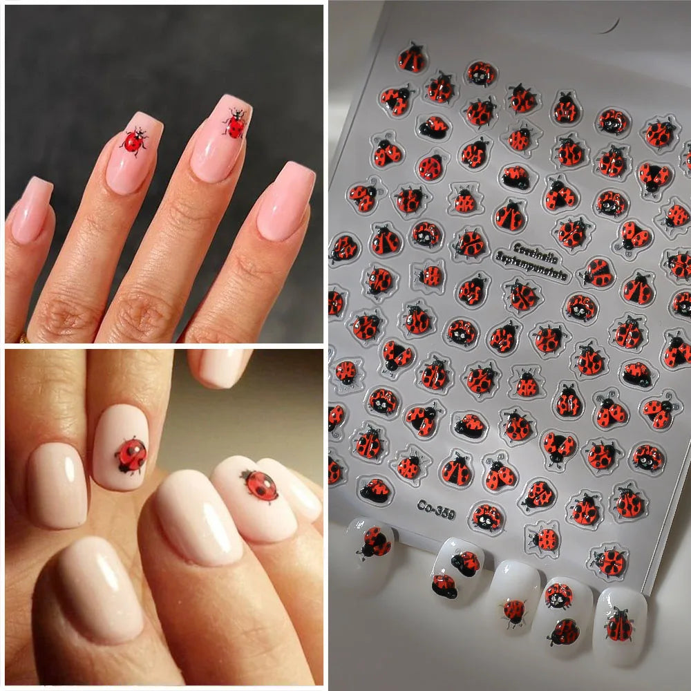 Coccinellidae Nail Art Stickers 5D Embossed Self-Adhesive Decals Mix Design Insect Nail Slider Cute Summer Nail Accessories