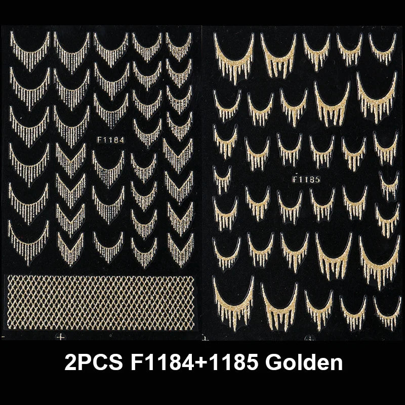 Reflective Glitter French Nail Art Stickers Sparkly Gold Silver Tassel Line Geometric Grids Adhesive Sliders Decals DIY Manicure
