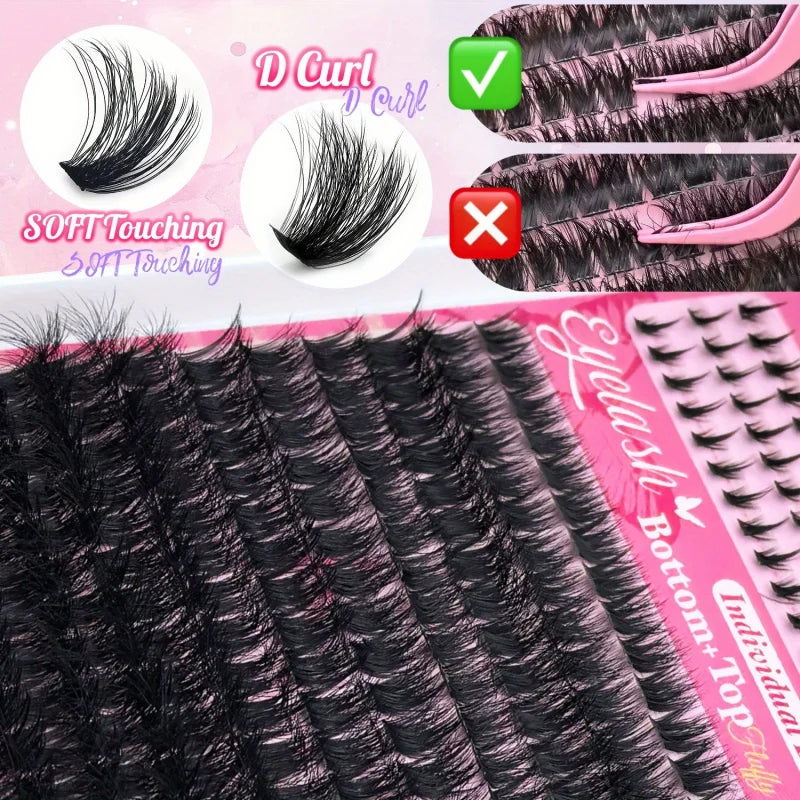 DIY False Eyelash Extension Kit, Individual Lash Clusters Bottom & Upper Lashes, Extra Thick & Fluffy Lashes for Beginners DIY