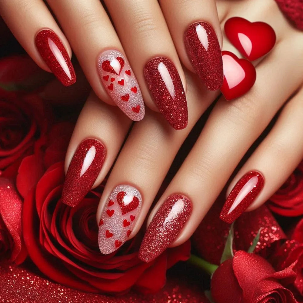 24pcs/set Medium long square fake nails for women girls cute heart flowers feather butterfly design press on false nail art tips