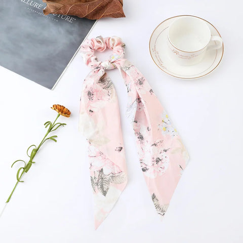 2023 Fashion Print Chiffon Long Ribbon Scrunchies Women Girls Ponytail Scarf Elastic Hair Bands Ties Hair Accessories Wholesale