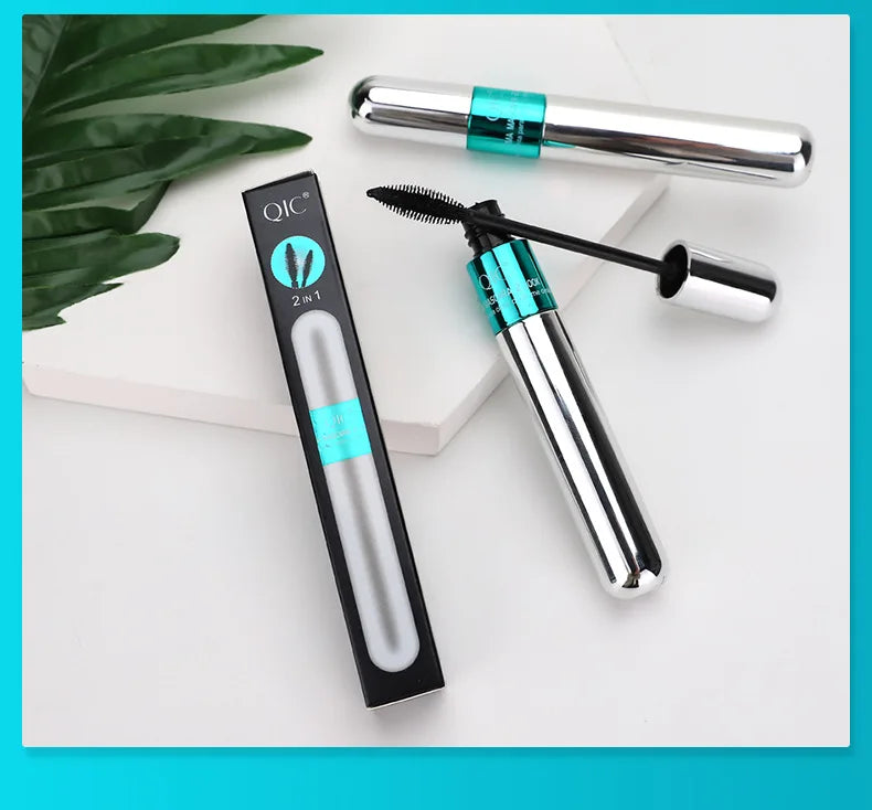 QIC Double Effect 4D Mascara Waterproof Long Curl Natural Thick Eyelash 2-in-1 Black Mascara with 2 Brush Heads