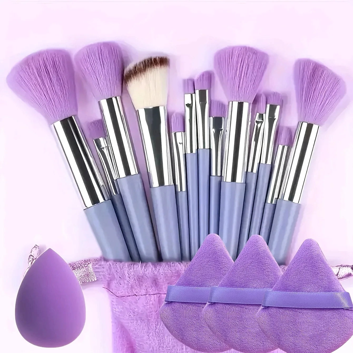 13-Piece Professional Makeup Brush Kit in Velvet Storage Bag | with 3 Velvet Makeup Puffs & Blending Sponge | Vegan Cruelty-Free
