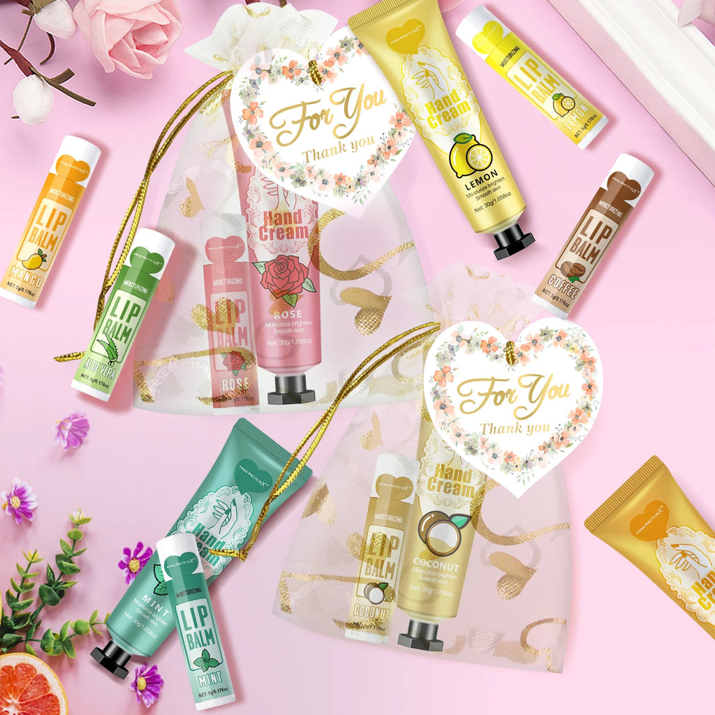 12 Hand gift Hand cream and lip balm set Friends Party Gift with love net bag and thank you card Holiday gift