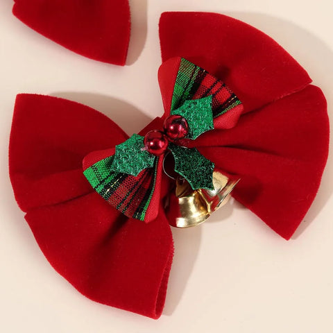 2Pcs Christmas Red Bow Hair Clips With Small Bell For Girls Plaid Pattern Velvet Bow Hairpins Xmas Party Hair Accessories Gifts