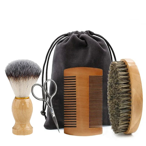 Men's Shaving Brush Set Boar Bristle Portable Barber Natural Beard Brush Comb Scissors for Facial Cleaning Styling Tool