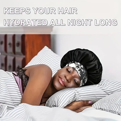 Women's Fashion Bonnet Flower Printed Hair Hat with Wide Edge Elastic Silk Smooth Satin Face for Daily Home Sleep Hat