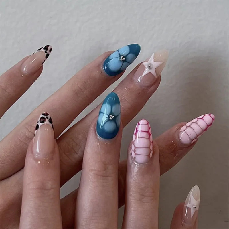24pcs Brown French Leopard Print Press On Nails Stereo Pink Flower Designs Autumn False Nails Sweet Cool Almond Fake Nail Tips