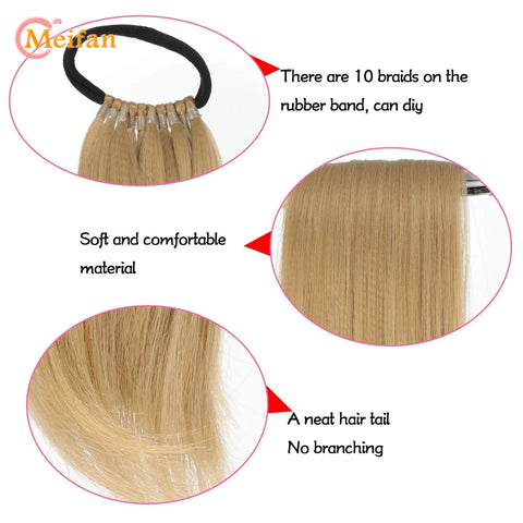 MEIFAN 24 Inch Synthetic Ponytail Extensions Black Natural Braided Pony Tail Hairpiece Long Straight Rubber Band Hair For Women