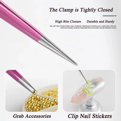 Black/Pink Double Headed Tweezers Stainless Steel Slant Tip Makeup Tool Silicone Press Head For Nail Stickers Eyelashes Tweezers