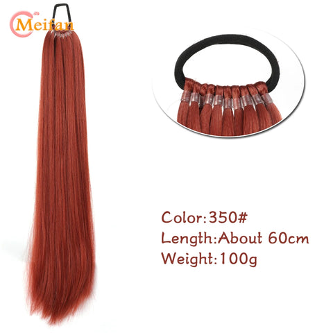 MEIFAN 24 Inch Synthetic Ponytail Extensions Black Natural Braided Pony Tail Hairpiece Long Straight Rubber Band Hair For Women