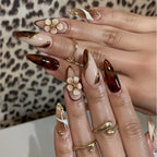 3D fake nails for women girls Gradient brown blue embossed flowers with rhinestones fall winter almond tips press on false nail