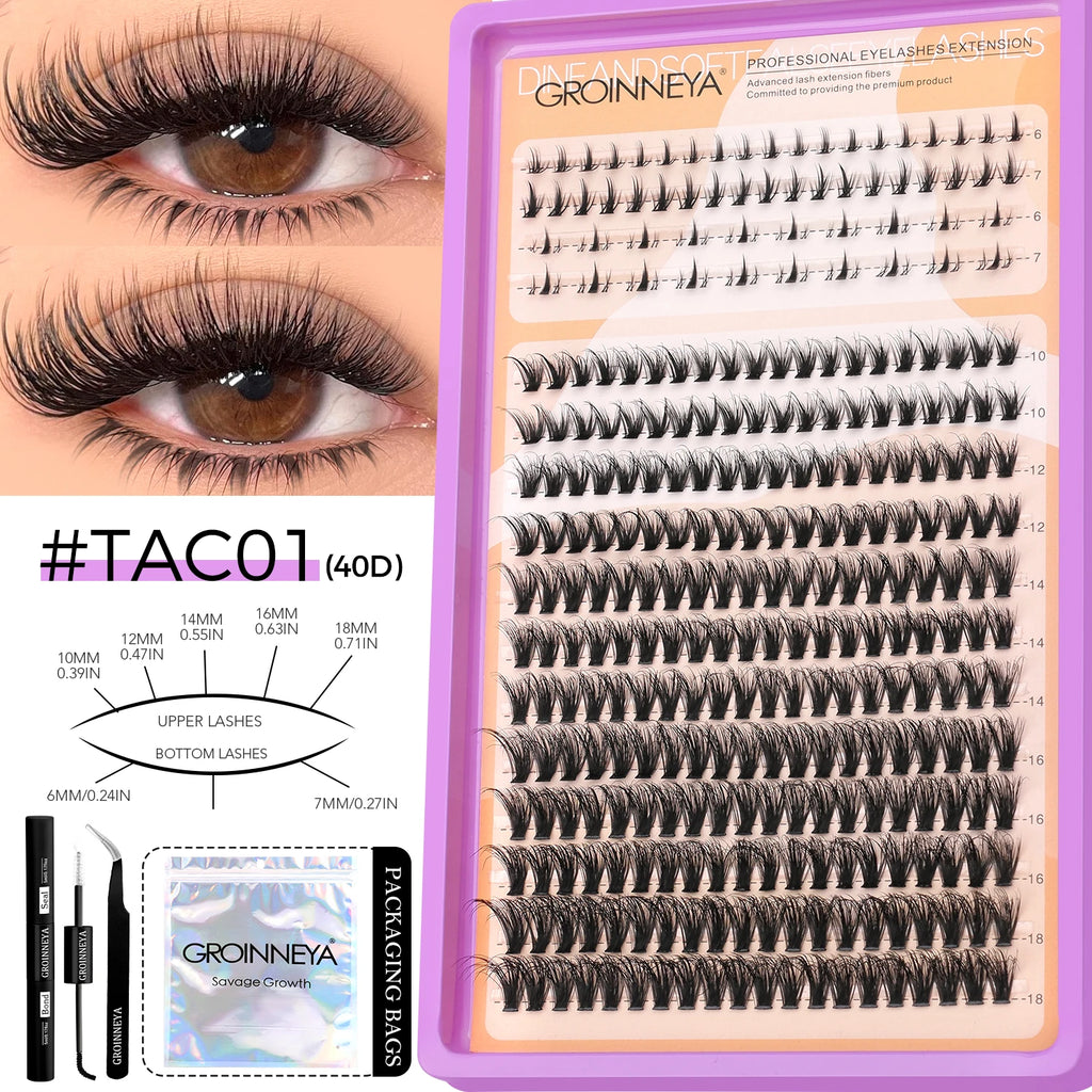 GROINNEYA Lashes Clusters Kit With Lash Bond And Seal And Eyelash Tweezers Waterproof Strong Hold DIY Lash Extension Kit Makeup