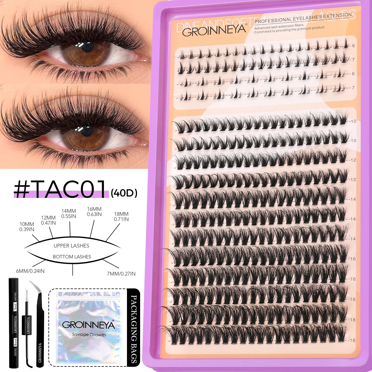 GROINNEYA Lashes Clusters Kit With Lash Bond And Seal And Eyelash Tweezers Waterproof Strong Hold DIY Lash Extension Kit Makeup