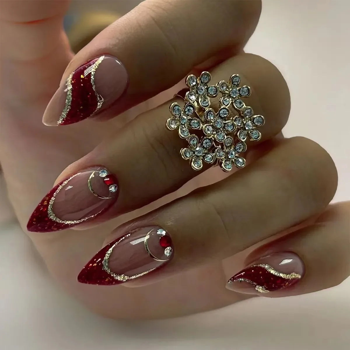 Exaggerate Punk Extra Long Pointed Fake Nails Art Dark Y2K Black Spider Centipede Rhinestone False Nail Press on Nails Manicure