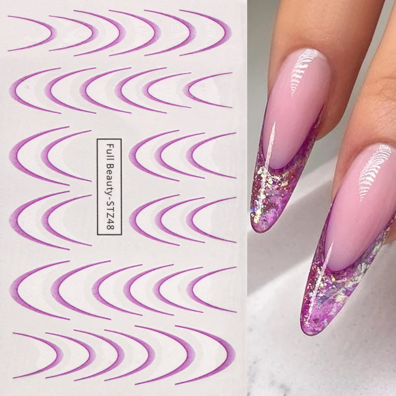 8pcs Gradient French Line Water Nail Stickers Set Colorful Stripe Ombre Designs Decals Guides for DIY Decoration Stencil Tools