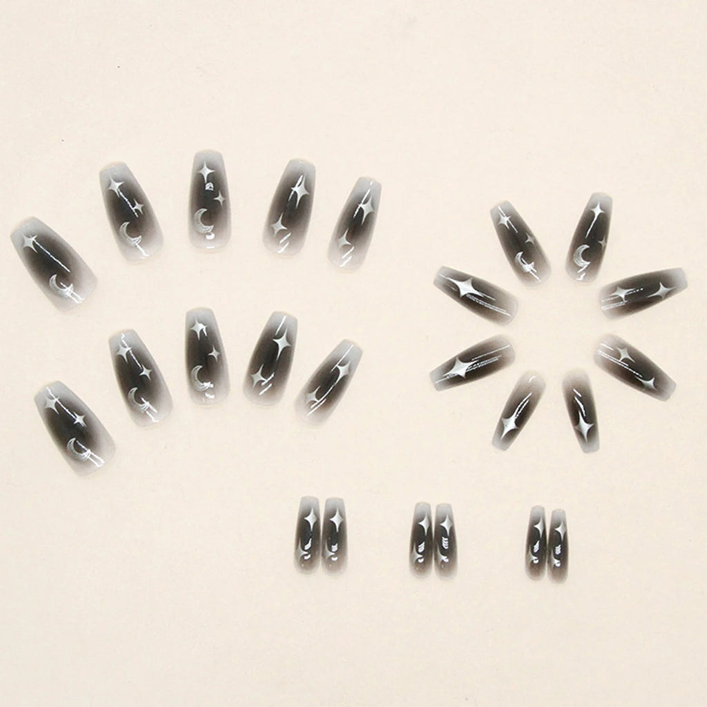 24pcs Y2k Star Press On Nails Gradient Black Mid-length Coffin False Nail Tips Full Cover Moon Designs Fake Nail For Cool Girls
