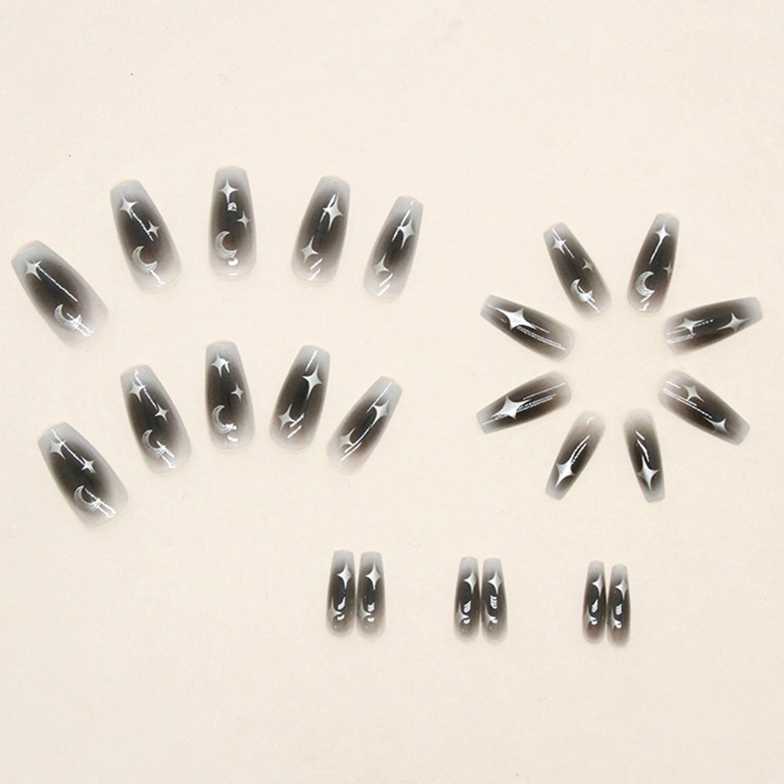 24pcs Y2k Star Press On Nails Gradient Black Mid-length Coffin False Nail Tips Full Cover Moon Designs Fake Nail For Cool Girls