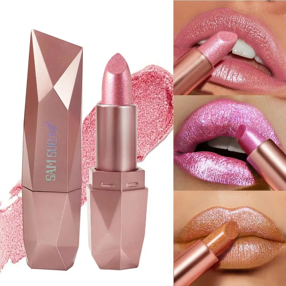 Diamond Glitter Lipstick Long Lasting Waterproof Moisturizing Highly Pigmented Metallic Shine Pearlescent Non Stick Cup Lipstick