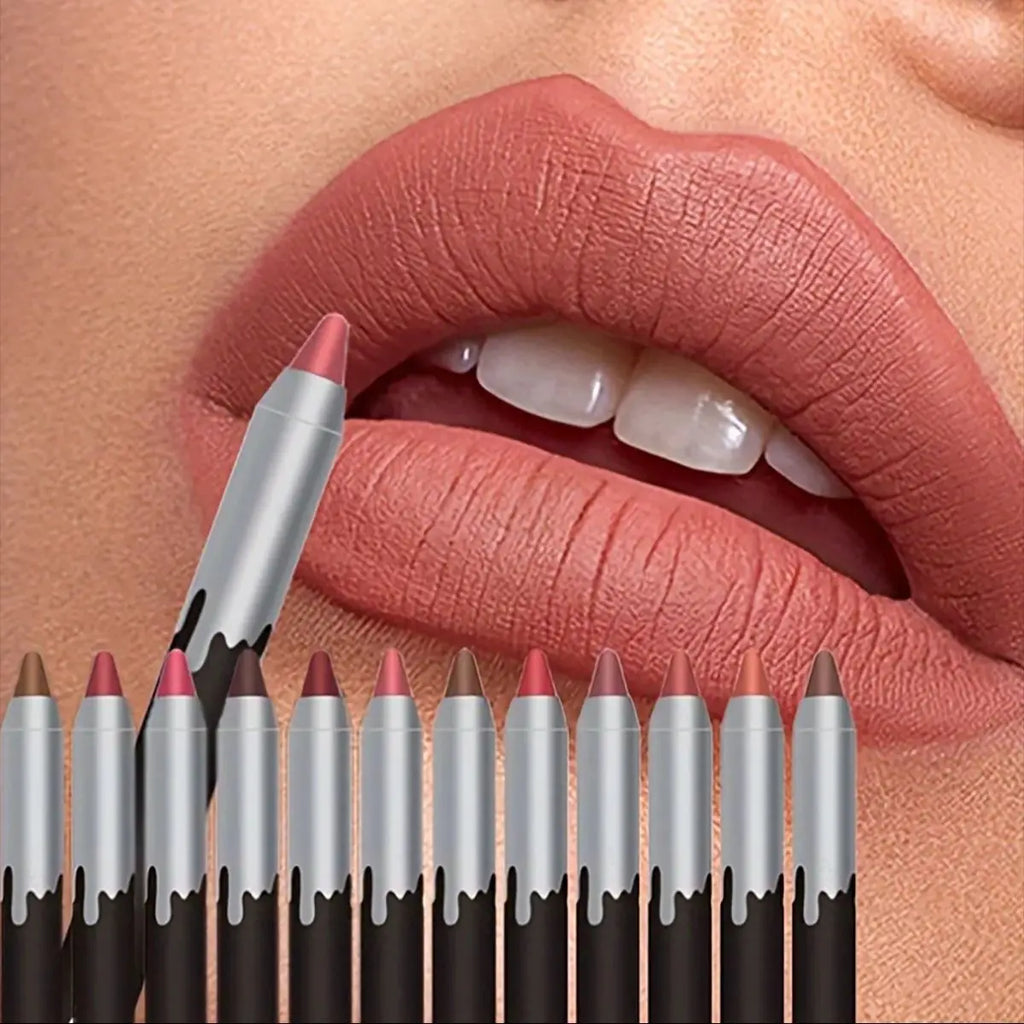 12Color Matte Lipstick Lipliner Kit  Velvet Lip Pencil Red Brown Lip Shadow Contour Tint Long Lasting Lip Liner Set