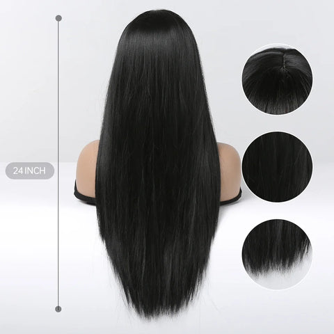Synthetic Long Silky Straight Wigs with Bangs Black Cosplay Party Lolita Hair Wigs for Women Natural Heat Resistant Wig