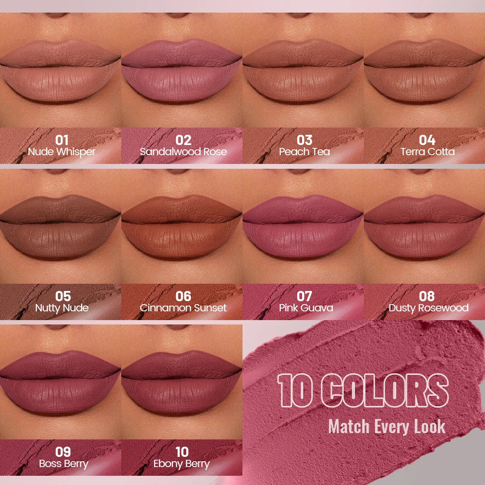 1PC Matte Velvet Lip Gloss - Highly Saturated Liquid Lip Mud, Non-Stick Long-Lasting Formula, 10-Shade Mixed Palette