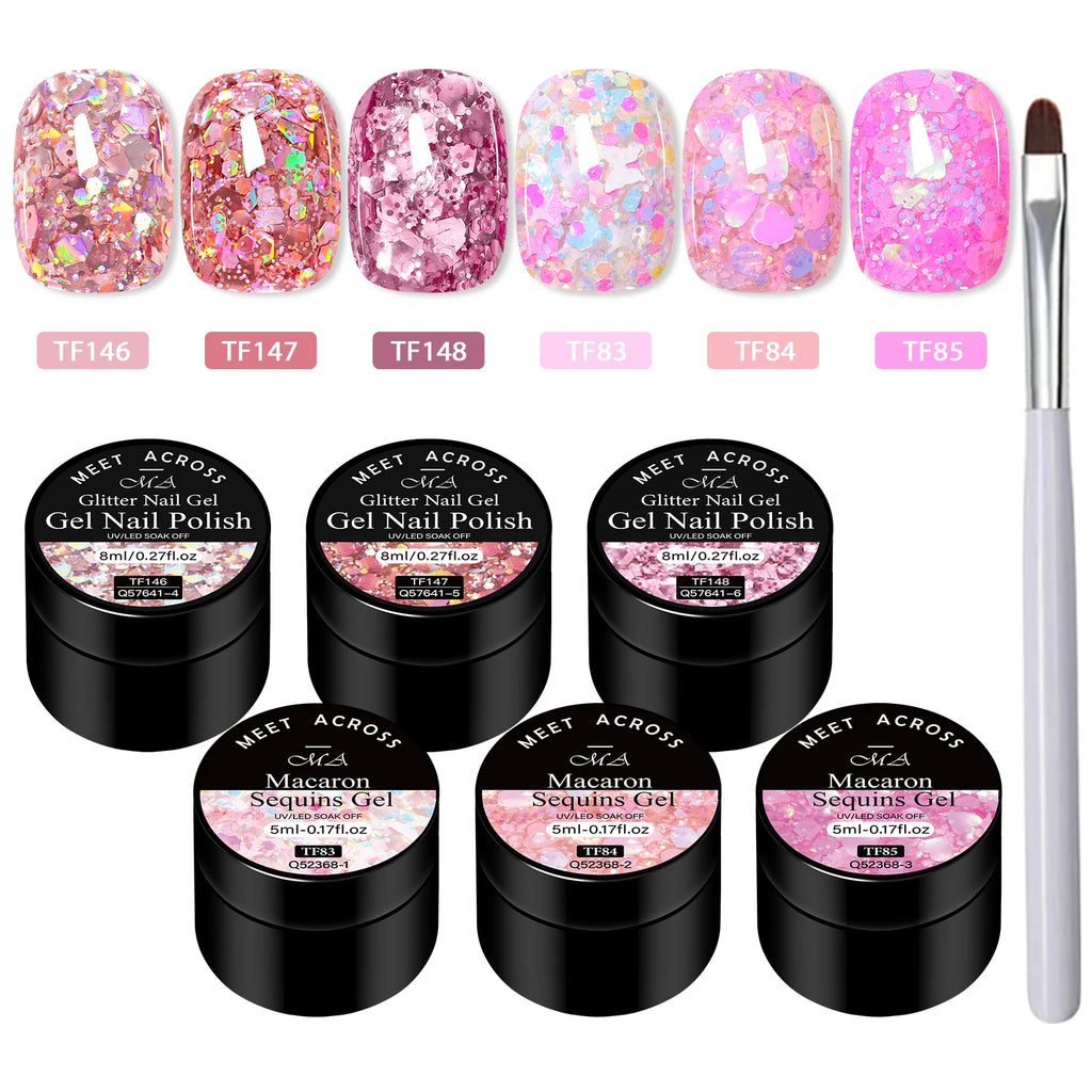 7pcs Glitter Sequins Gel Nail Polish Set Pink Silver Laser Glitter Semi Permanent Soak Off UV Gel Varnish Manicure Nail Supplies