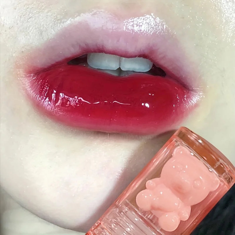 6 color lip glaze, cute little bear, mirror gloss, jelly lips with sparkling light dew water, long-lasting stain resistant trans