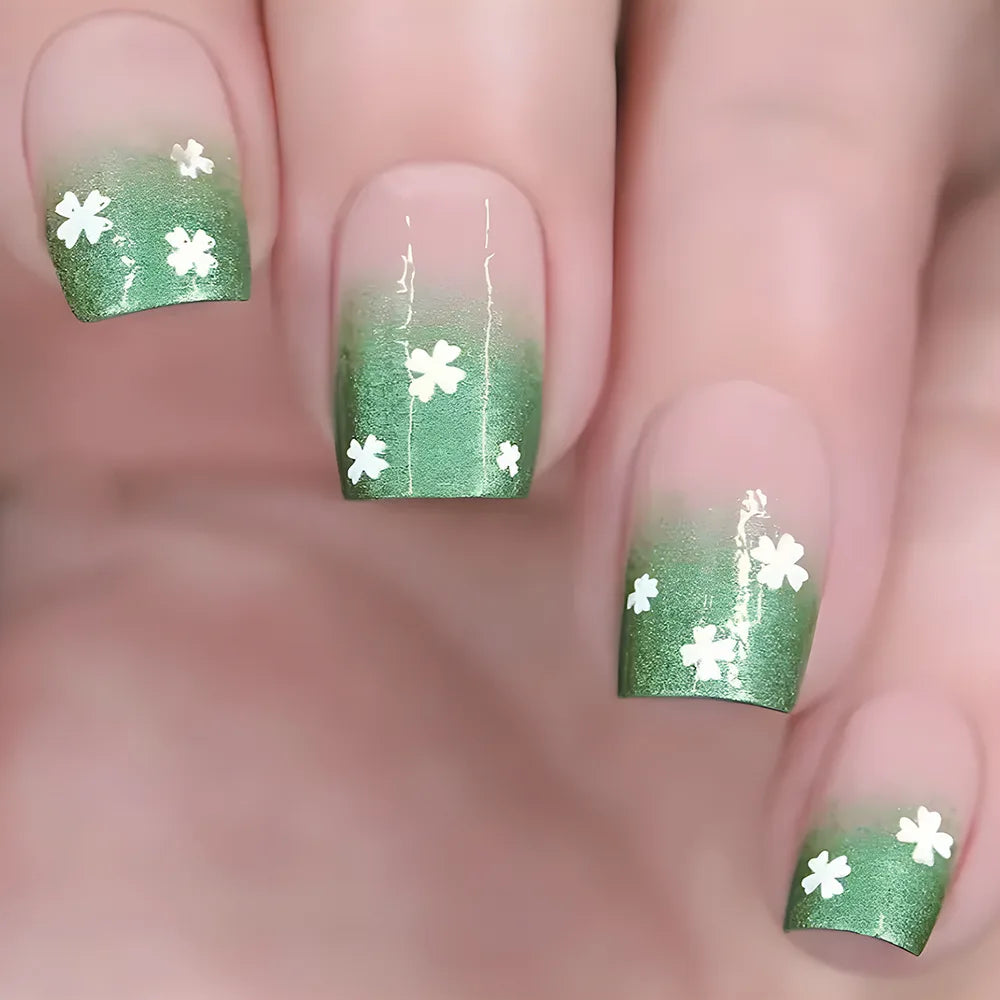 24pcs/set short saure fake nails for Spring summer season french style flowers butterfly design press on false nail art tips