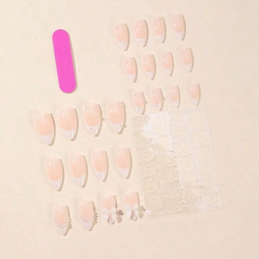 24 pieces wearing nail almond shape white French pointed pearl bow removable nail patch fake nail nails