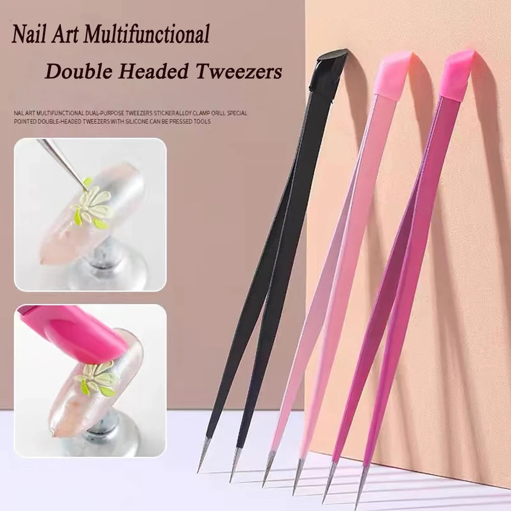 Black/Pink Double Headed Tweezers Stainless Steel Slant Tip Makeup Tool Silicone Press Head For Nail Stickers Eyelashes Tweezers