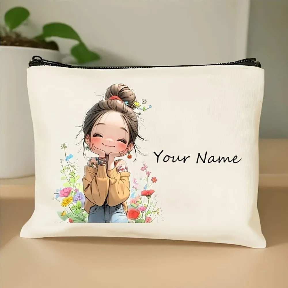 Chic Custom Name Unique Vintage Cute Floral Makeup Bags for Girls Cosmetic Pouch Toiletry Bag Pencil Case Travel Storage Handbag