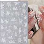 3D White Flower Nail Art Stickers Cute Floral Adhesive Sliders Acrylic Decoration Decals DIY Nail Charms Adhesive Accessories