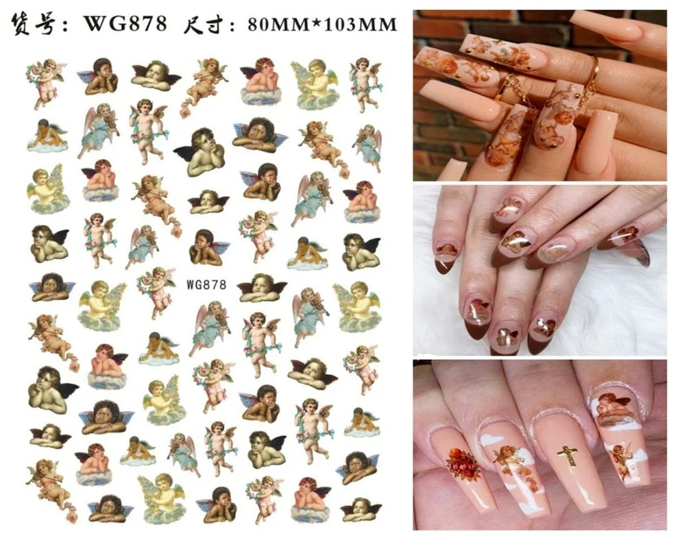 Nail Art Sticker Angel Flower Pattern Stickers Cupid Self-Adhesive Nail Decals Stickers Decoration Press on Nails Accessories