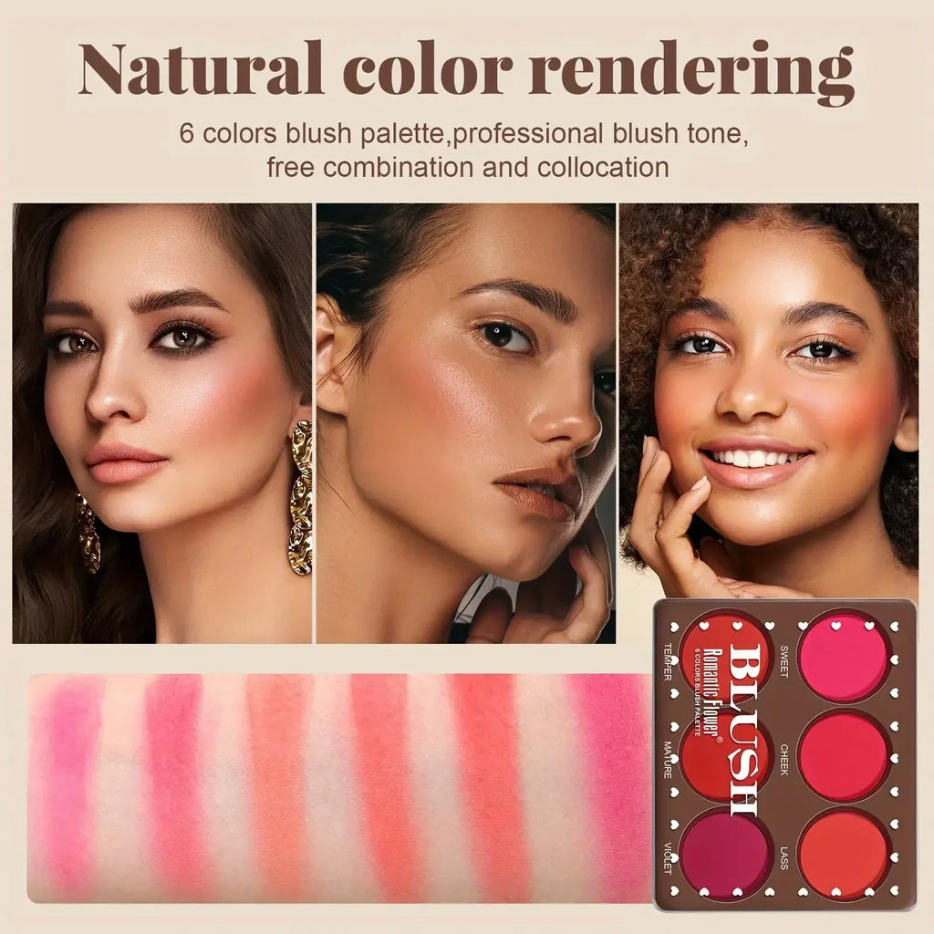 1 SET 6 Colors Waterproof Matte Blush Palette Medium Buildable Coverage Long-Lasting Natural Finish Light &Breathable Free brush