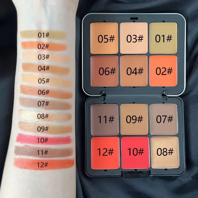 12-Color Iron Box Blusher Plate Multi-Color Cream Blush Plate Concealer Plate Contour and Highlighter Palette Makeup Blush Face