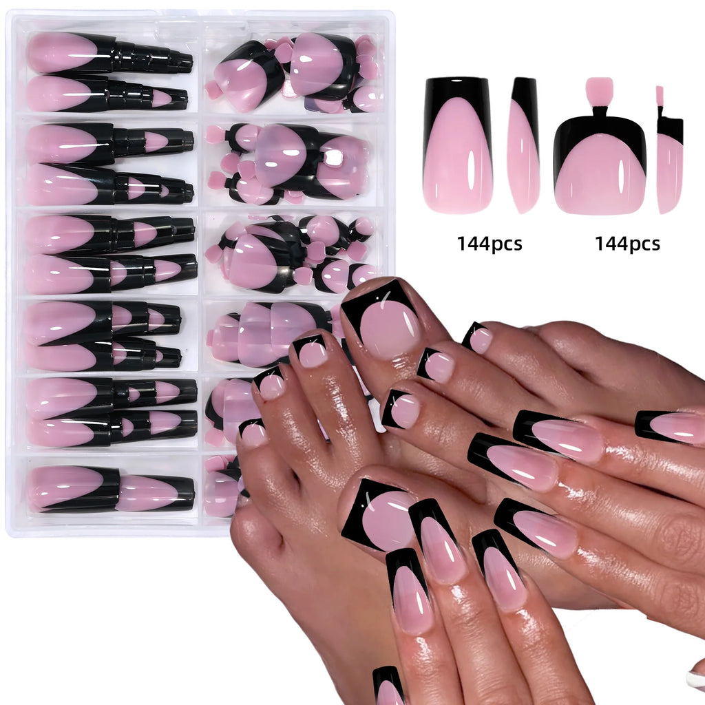 144pcs French hand and foot wear nail set summer short square shiny false toenail acrylic full coverage suitable for nail salon